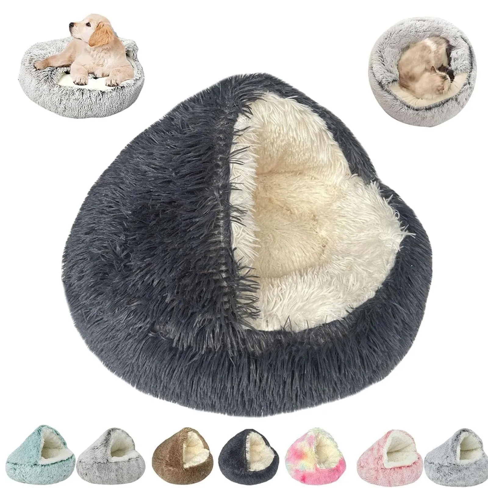 Covered Cocoon Cat Bed - Hooded Plush Cave in Five Sizes